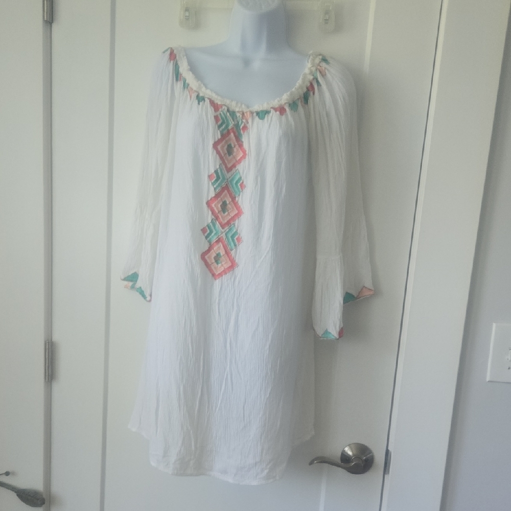 Blue Island White Long Shirt / Dress With Colorful Design